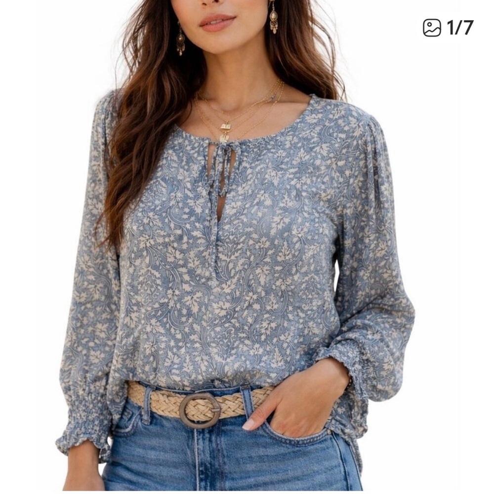 Lucky Brand Blue-Grey Floral Tie-Neck Long Sleeve Blouse